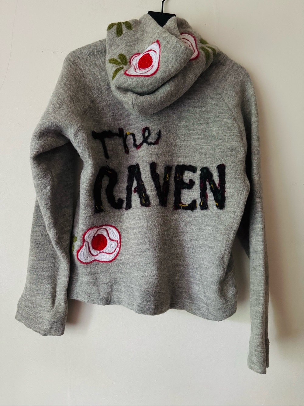 Gray Embroidered 'The Raven' Wool Blend Sweater Hoodie - Size L